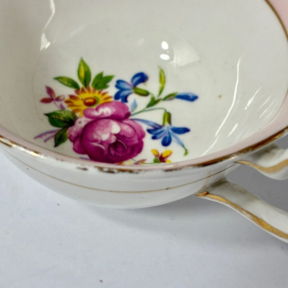 Clare Bone China Tea Cup and Saucer Set Pink Floral Gold Gilt Made in England
